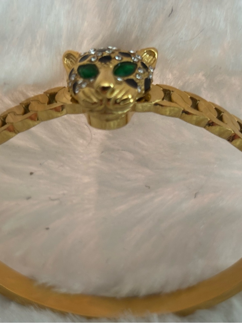 Gold Tone Leopard Head Bangle Bracelet with Green Crystal Eyes